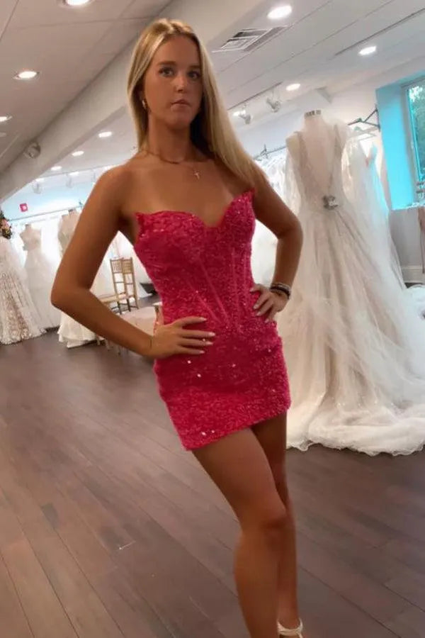 Strapless Sweetheart Corset Sequin Homecoming Dress | Bodycon Mini Party Dress