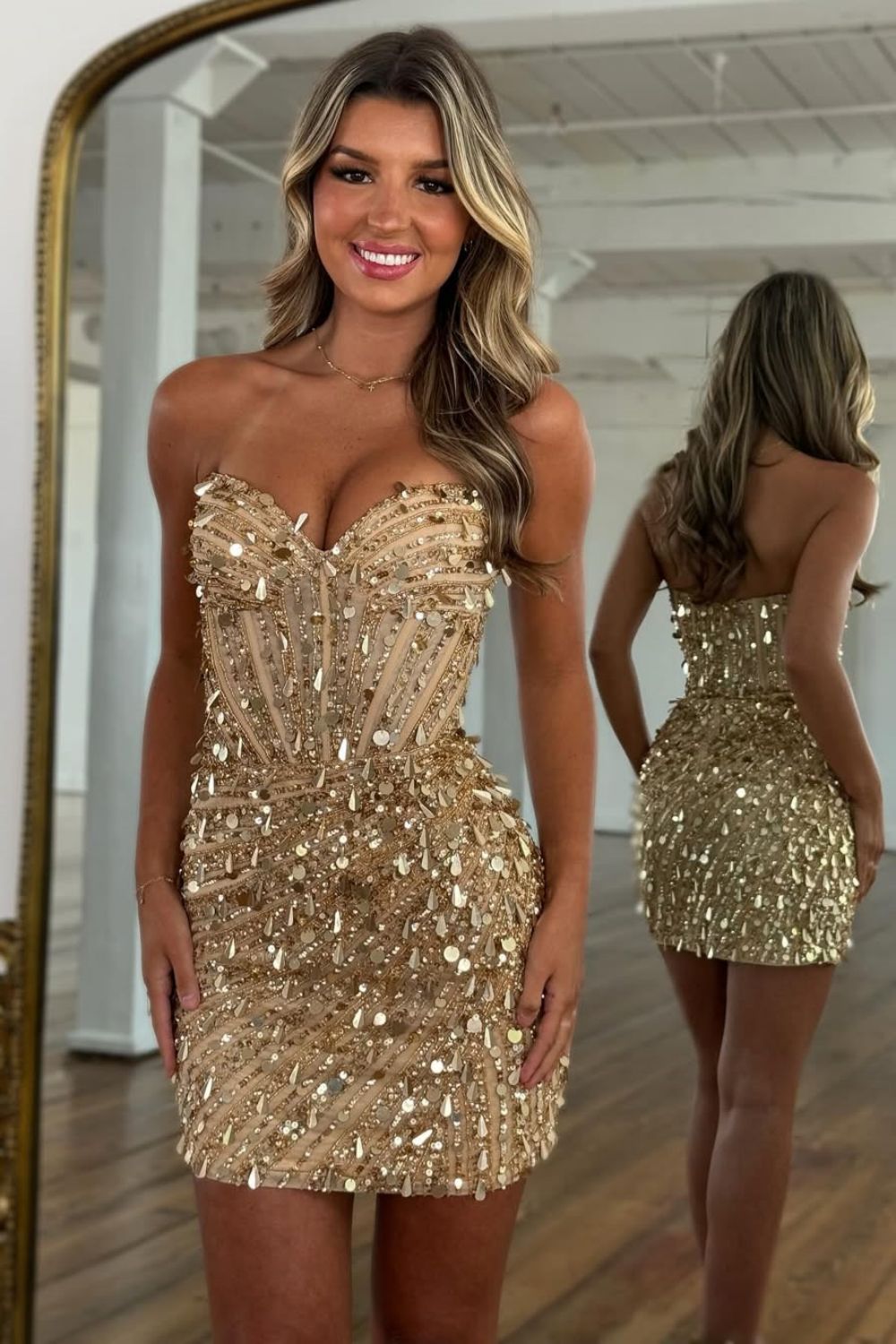 Strapless Crystal Corset Homecoming Dress | Sweetheart Sequin Beaded Bodycon Short Prom Gown
