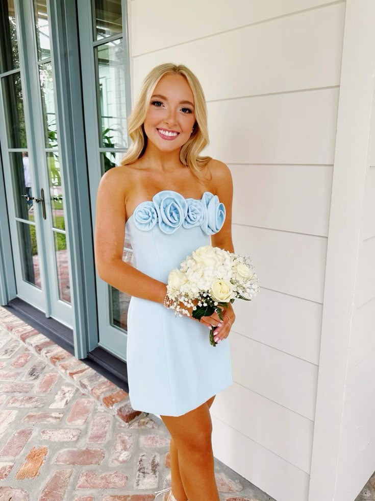 Strapless 3D Rosette Homecoming Dress | Light Blue Bodycon Mini Cocktail Gown