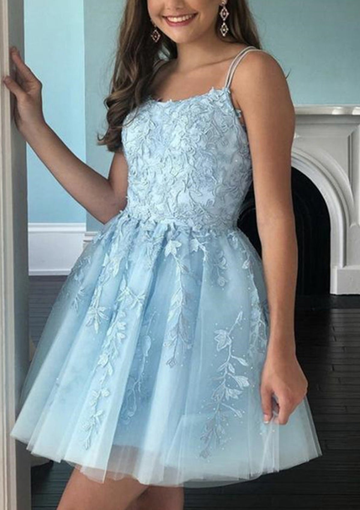 Spaghetti Strap Lace Homecoming Dress | Lace-Up Back A-Line Tulle Mini Prom Gown
