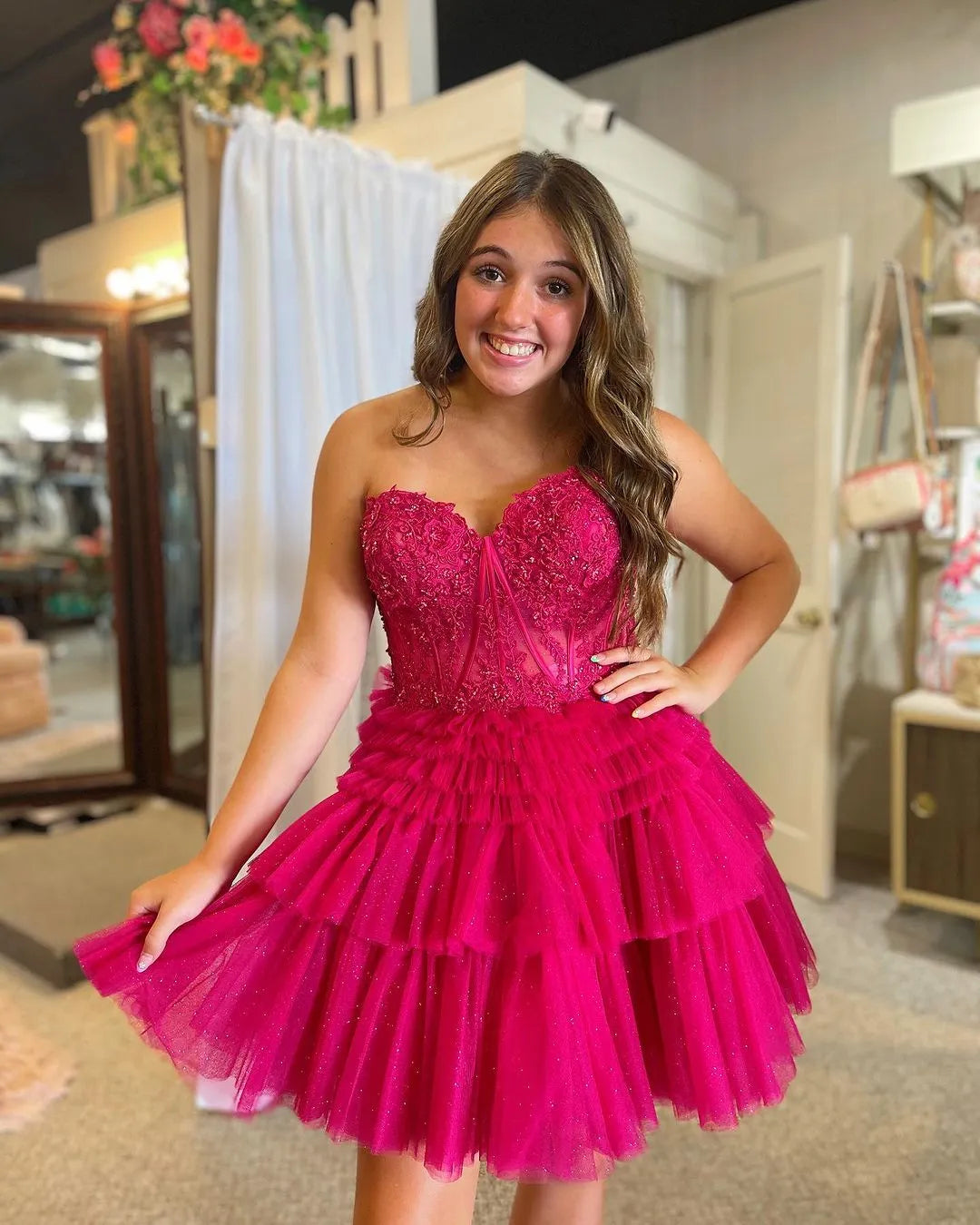 Strapless Lace Corset Homecoming Dress | Glitter Tulle Tiered Ruffle Short Prom Gown