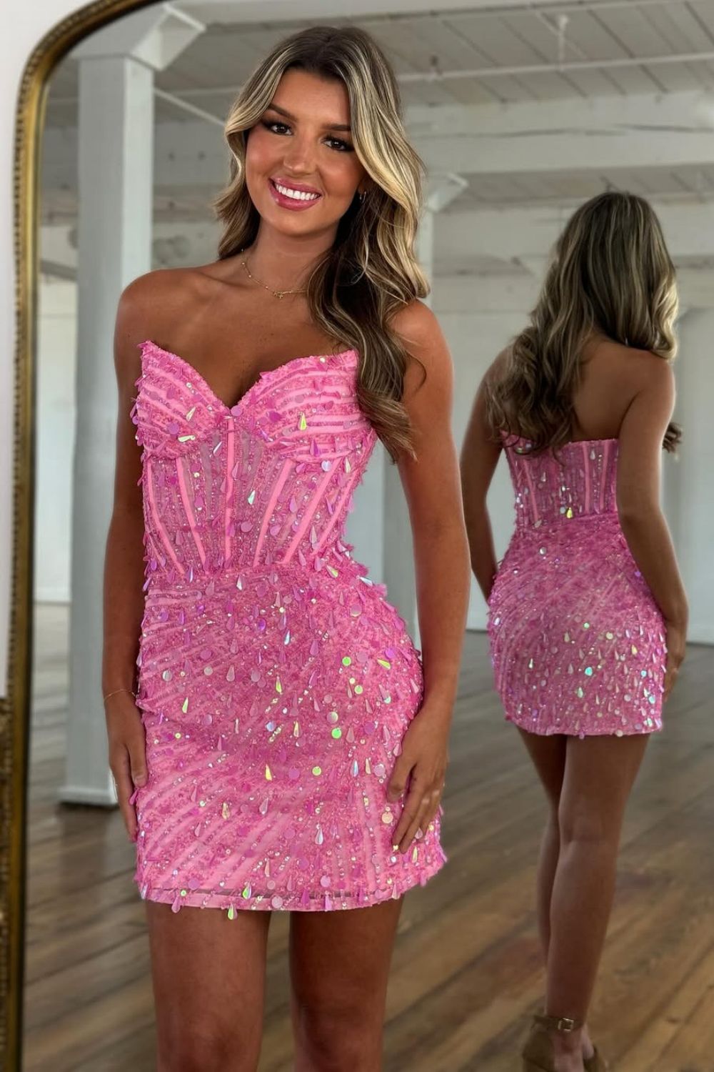 Strapless Crystal Corset Homecoming Dress | Sweetheart Sequin Beaded Bodycon Short Prom Gown