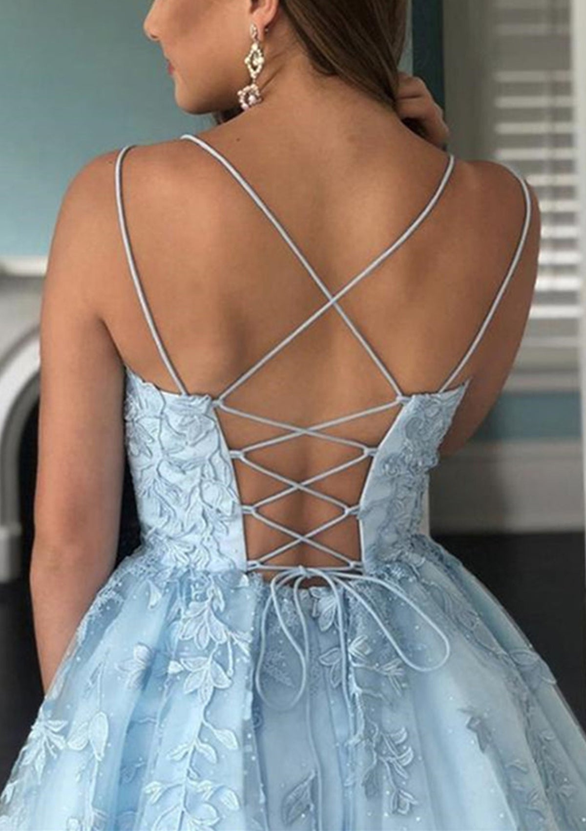 Spaghetti Strap Lace Homecoming Dress | Lace-Up Back A-Line Tulle Mini Prom Gown