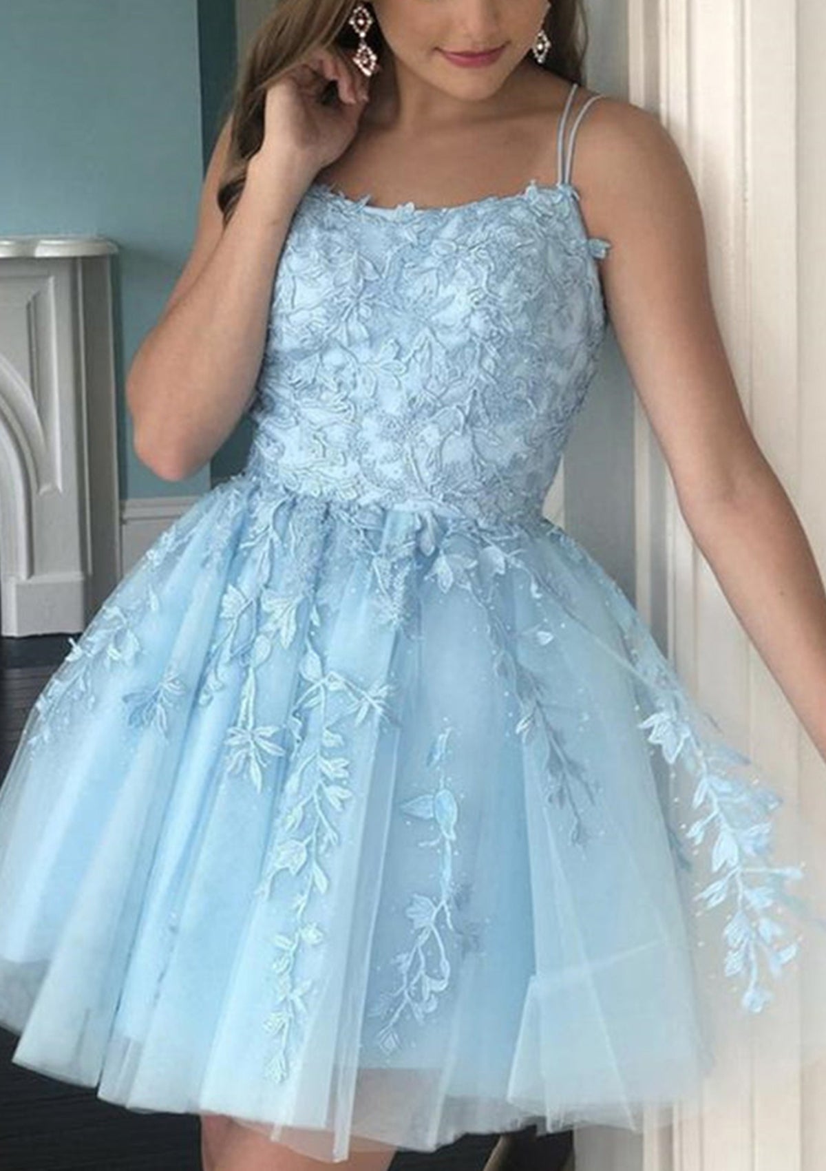 Spaghetti Strap Lace Homecoming Dress | Lace-Up Back A-Line Tulle Mini Prom Gown