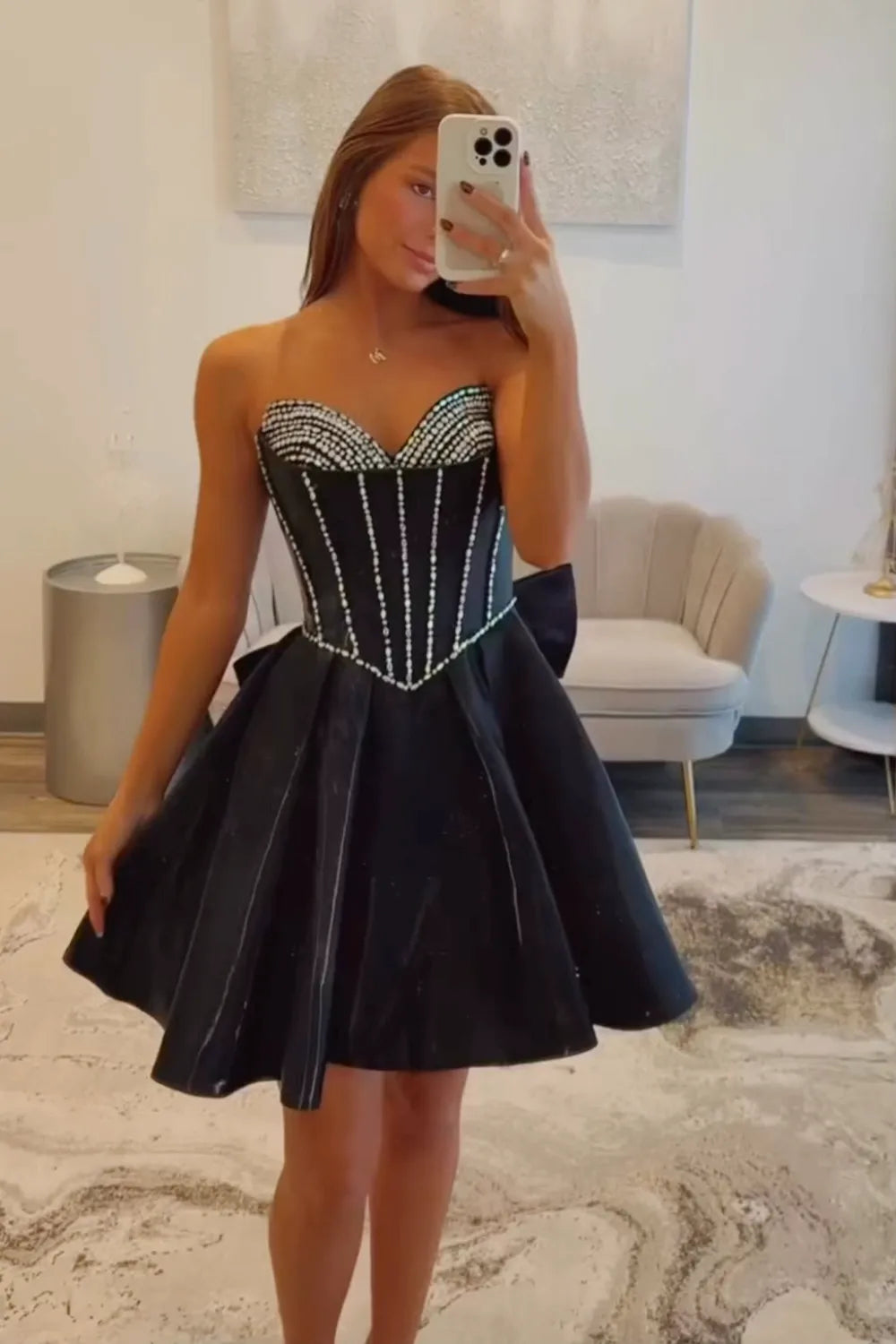 Strapless Rhinestone Corset Homecoming Dress | A-Line Satin Mini with Bow Party Gown