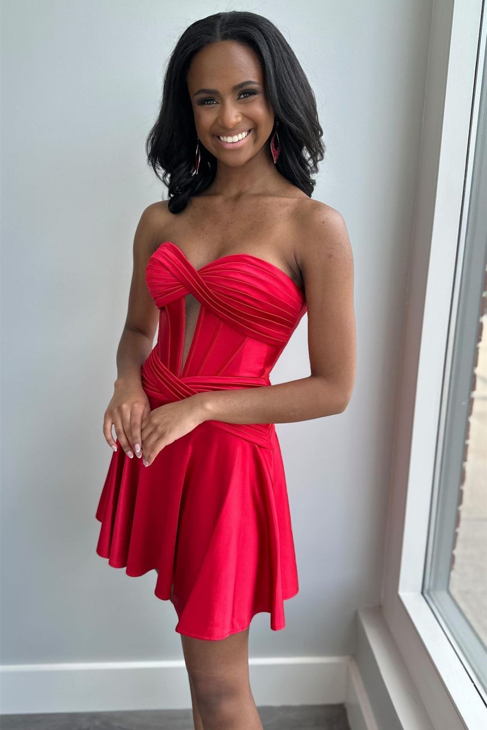 Strapless Keyhole Satin Homecoming Dress | Corset Bodice A-Line Flare Mini Party Gown