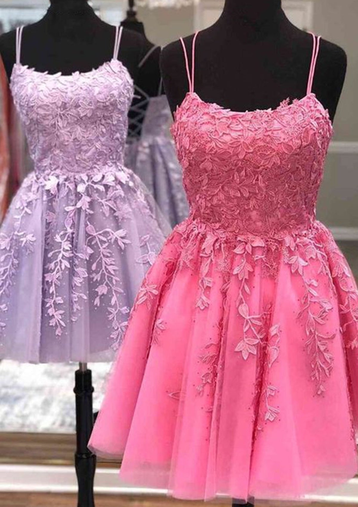 Spaghetti Strap Lace Homecoming Dress | Lace-Up Back A-Line Tulle Mini Prom Gown