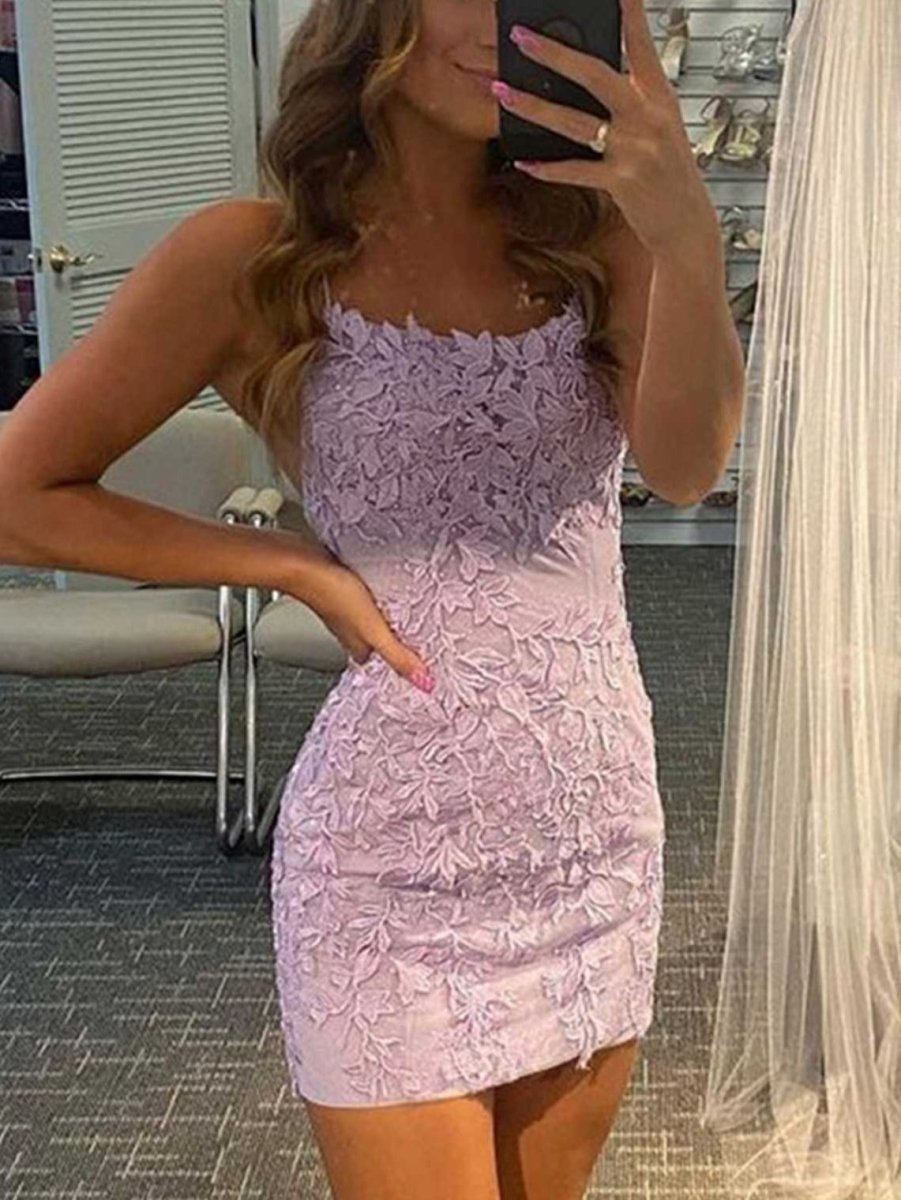 Lace Bodycon Mini Dress | Spaghetti Strap Crisscross Back Homecoming Gown