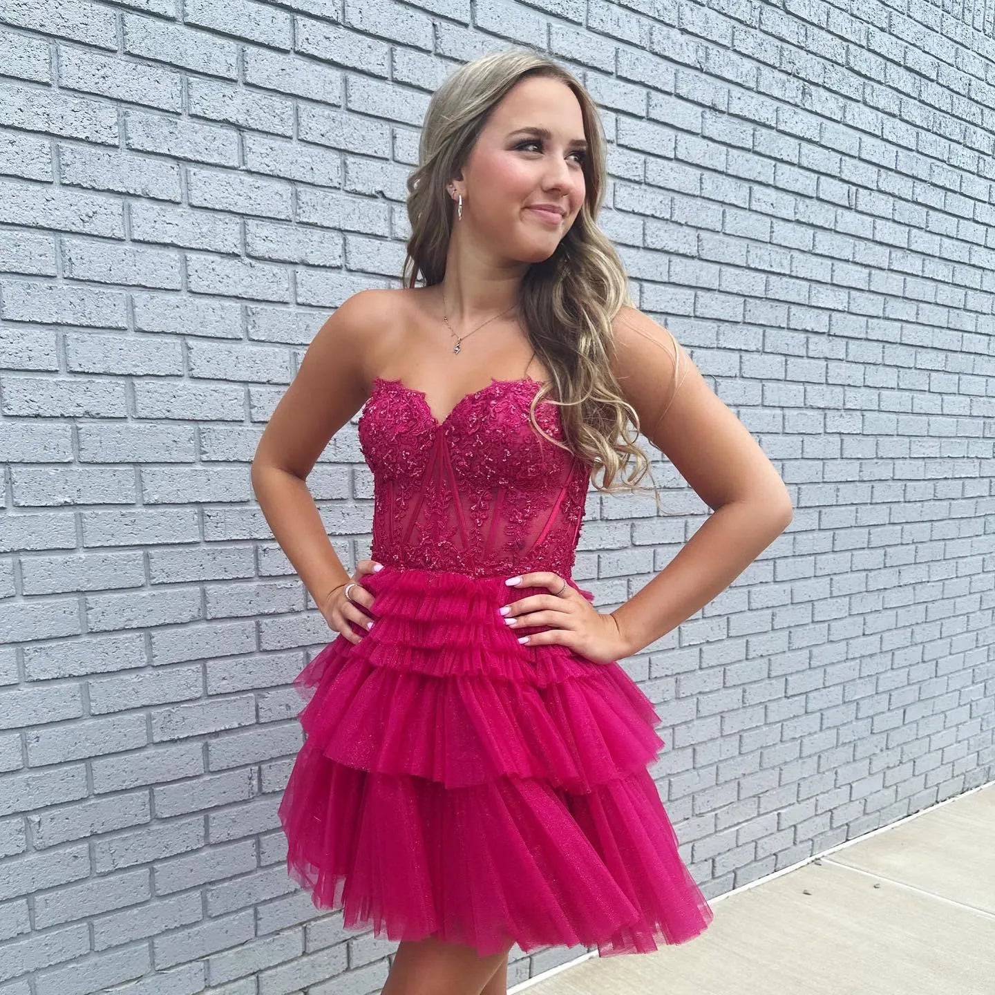 Strapless Lace Corset Homecoming Dress | Glitter Tulle Tiered Ruffle Short Prom Gown
