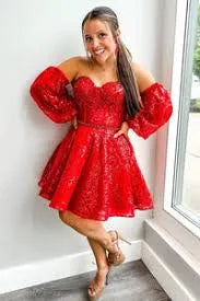 Off Shoulder Puff Sleeve Lace Corset Homecoming Dress | A-Line Skirt Mini Cocktail Dress