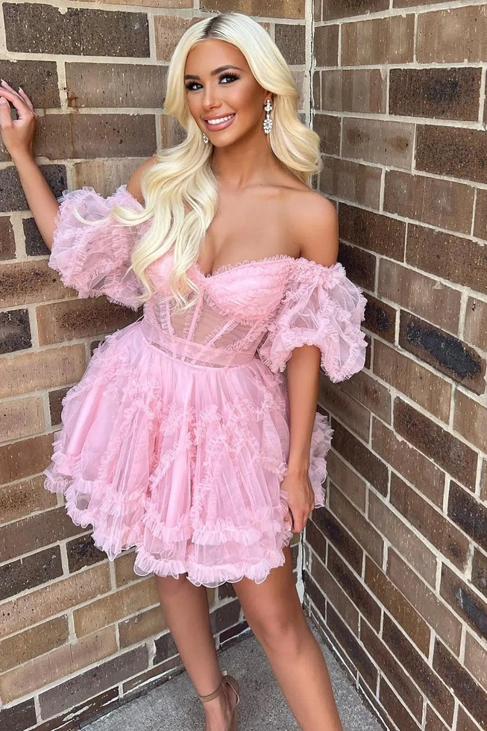 Off-the-Shoulder Tulle Corset Homecoming Dress | Ruffle Puff Sleeve Short Prom Gown