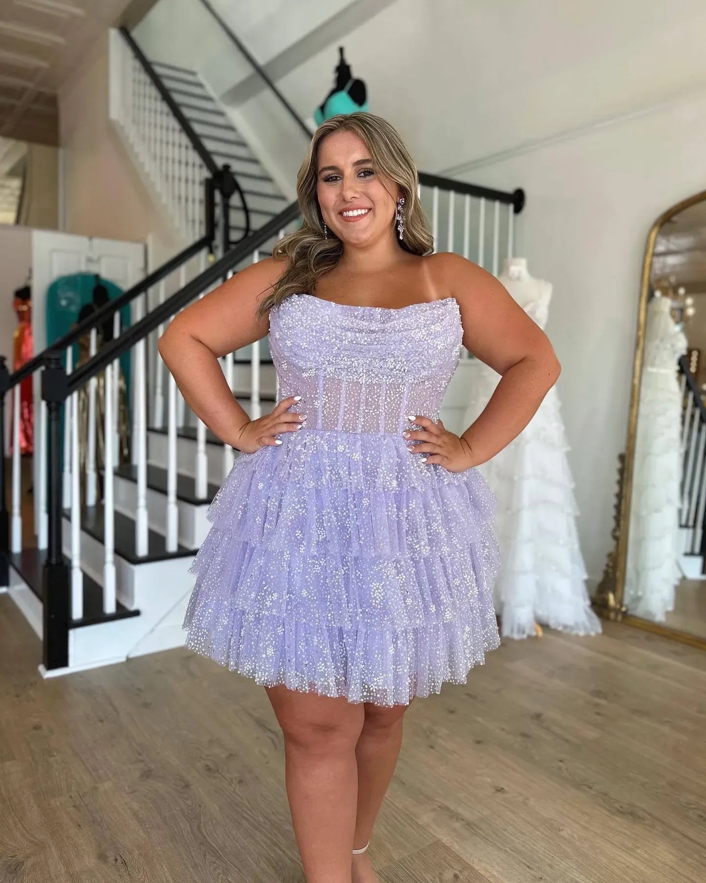 Strapless Ruched Glitter Tulle Corset Homecoming Dress | Tiered Ruffle Mini Skater Cocktail Dress