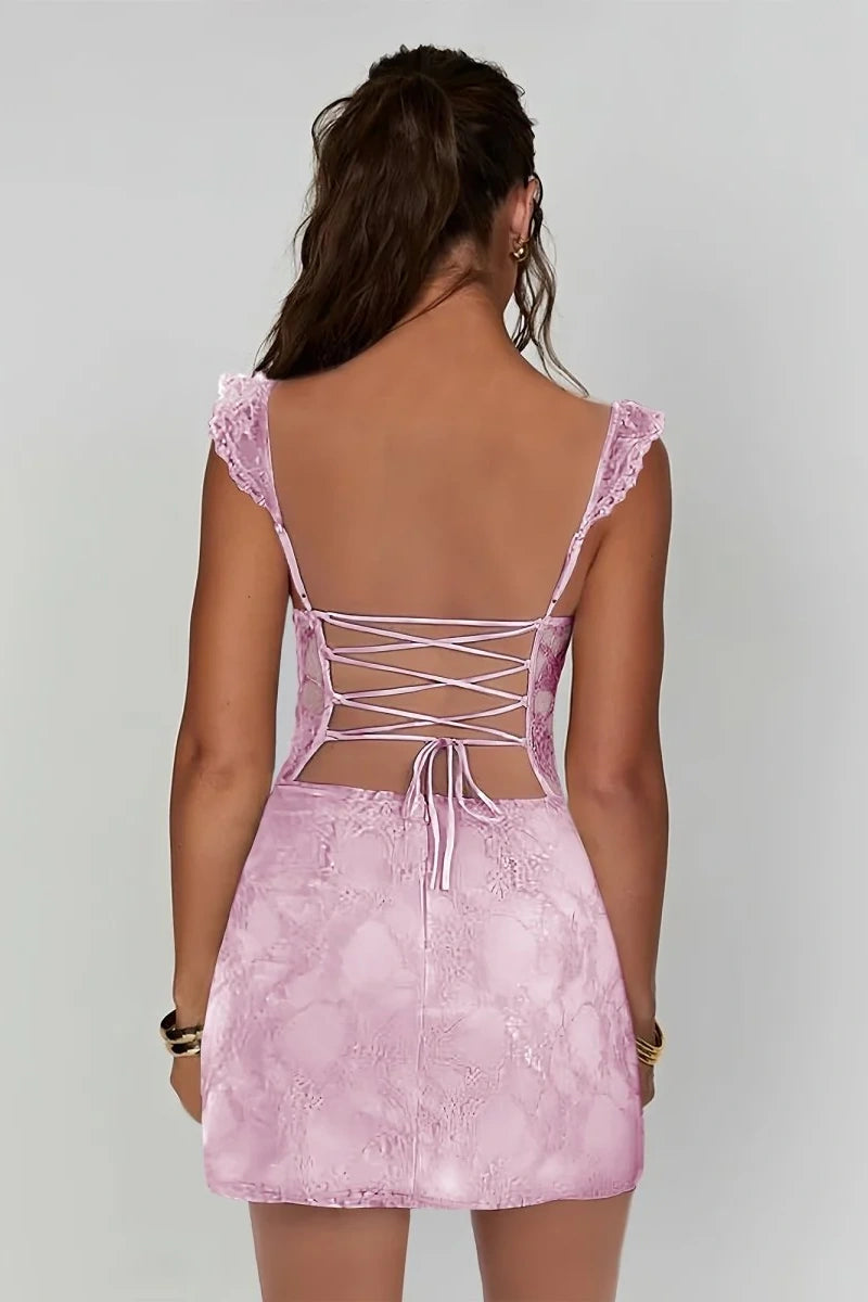 Lace Bodycon Homecoming Dress | Ruffled Lace Strap Mini Cocktail Gown with Side Slit