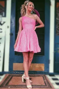 One Shoulder Sequin A-Line Homecoming Dress | High Waist Flared Skirt Mini Cocktail Dress