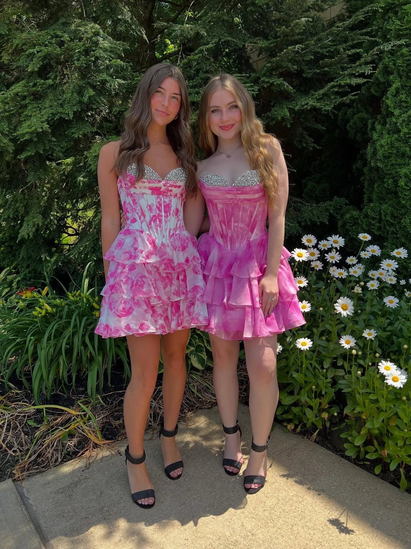 Strapless Floral Print Corset Homecoming Dress | Crystal Sweetheart Tiered Ruffle Short Prom Gown