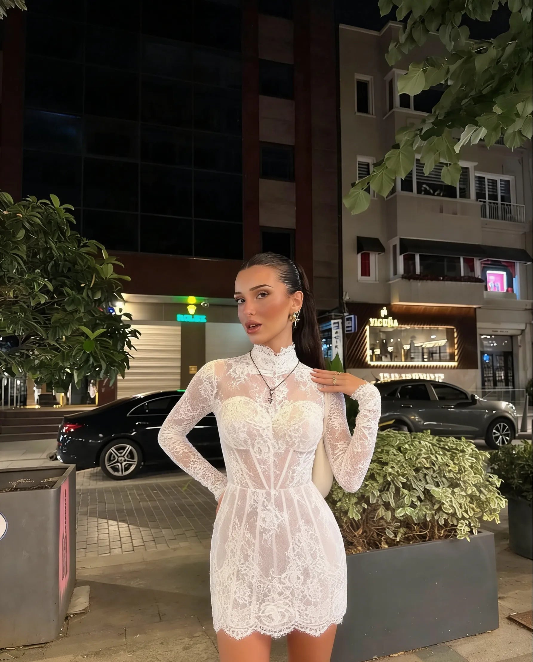 White Lace Long Sleeve Homecoming Dress | High Neck Corset A-Line Short Prom Gown