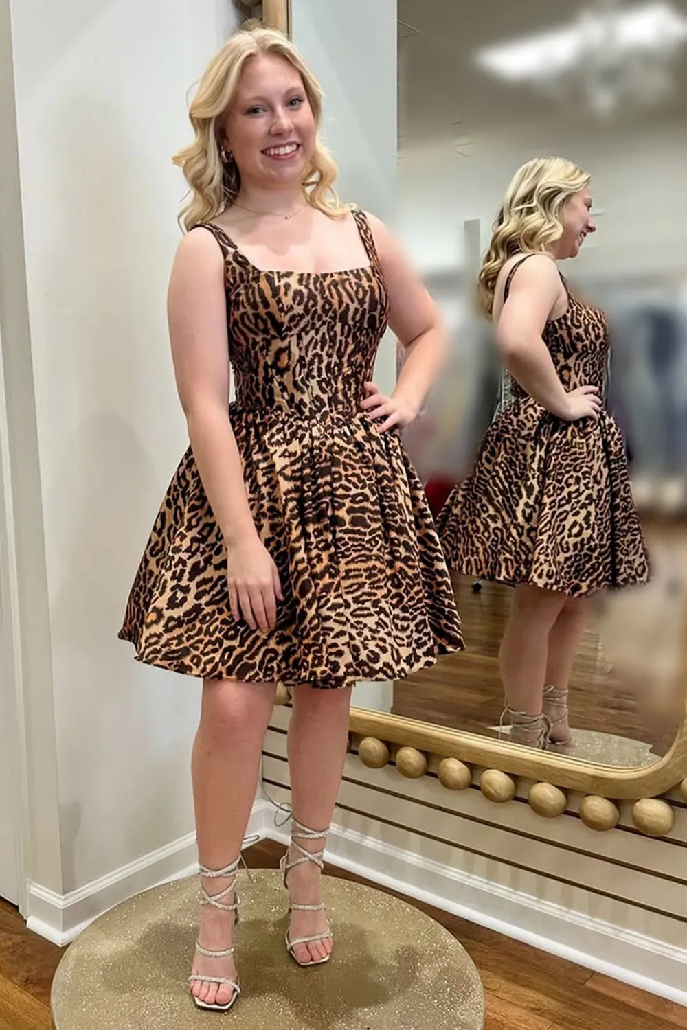 Leopard Print Corset Homecoming Dress | Square Neck Flared Mini Party Gown