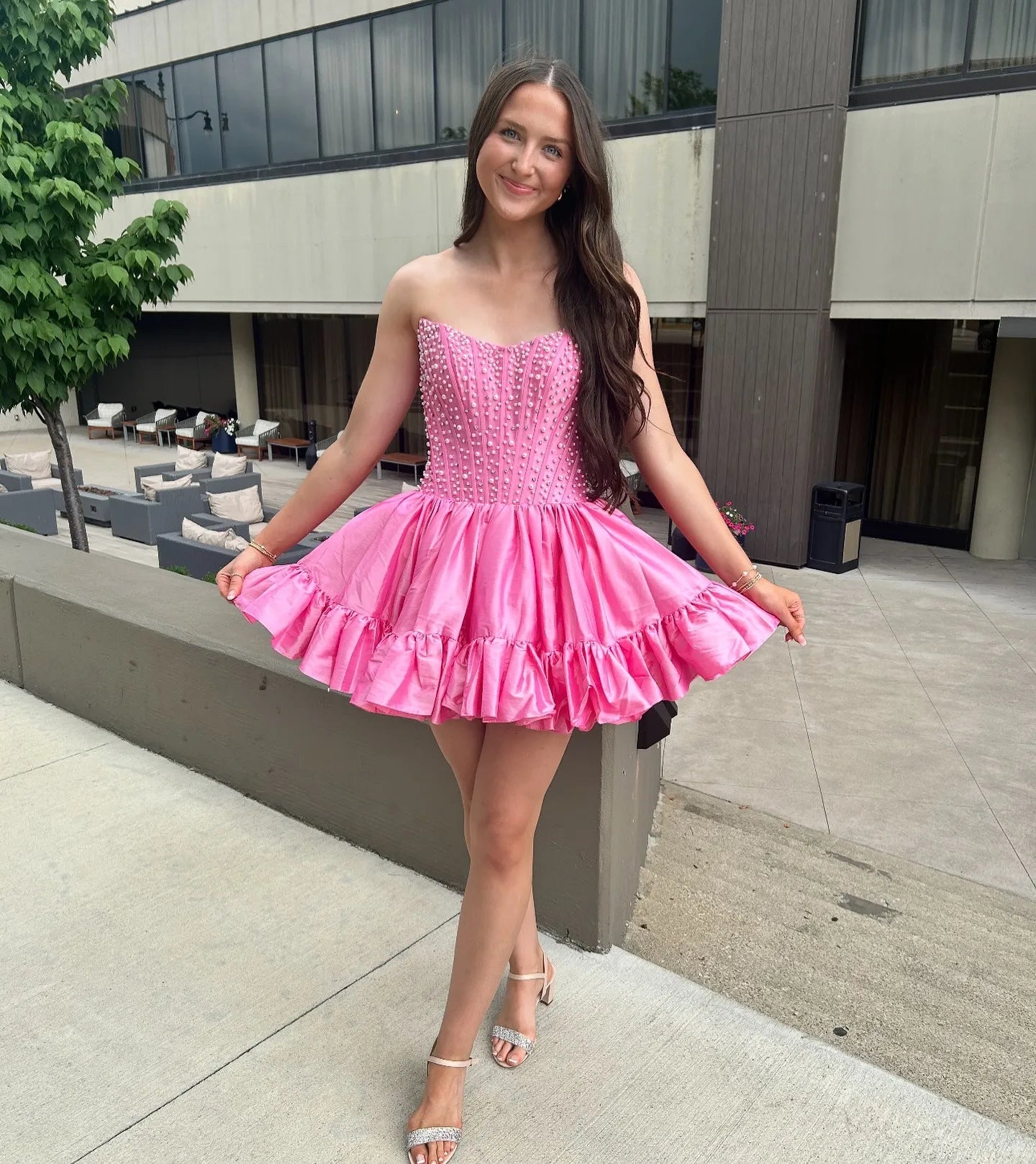 Strapless Pearl Embellished Corset Homecoming Dress | Ruffled Hem A-Line Mini Party Gown