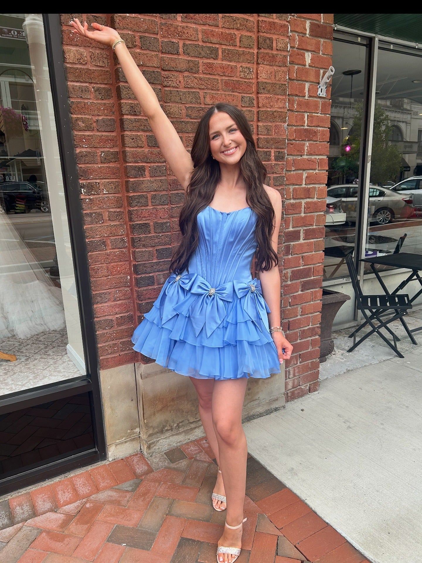 Strapless Satin Corset Homecoming Dress | Tiered Skirt with Crystal Bows Party Gown