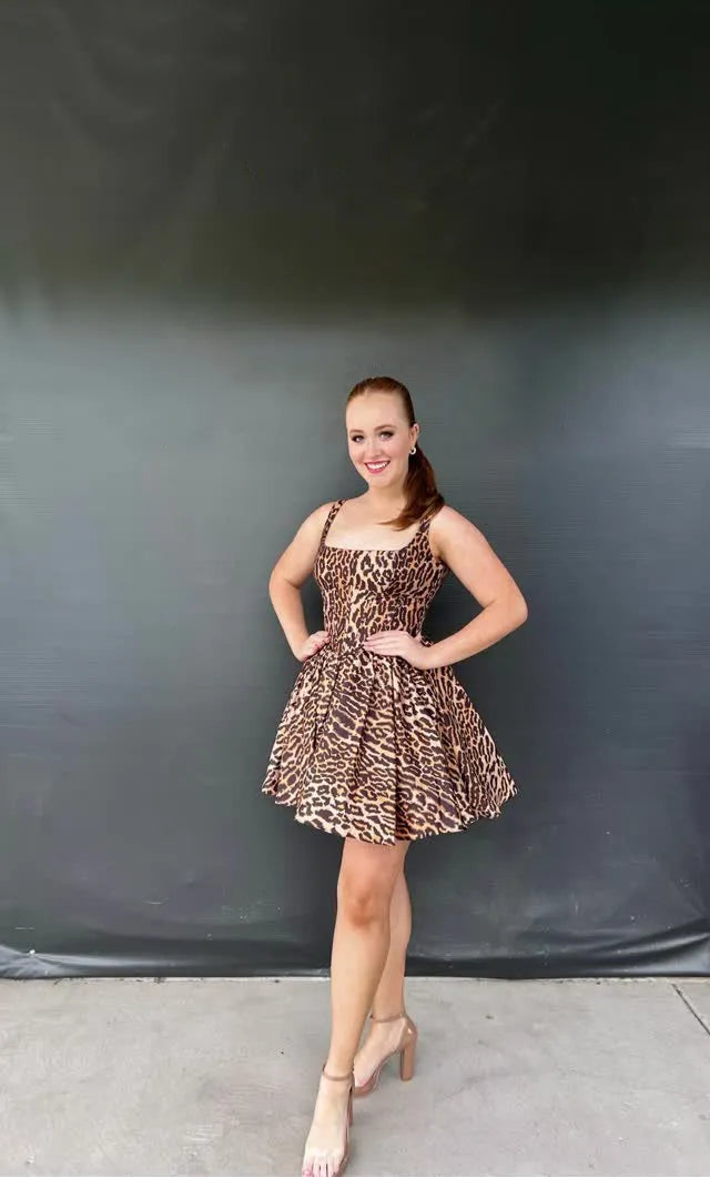 Leopard Print Corset Homecoming Dress | Square Neck Flared Mini Party Gown