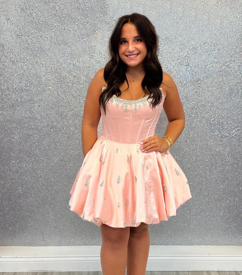 Strapless Crystal-Trimmed Corset Homecoming Dress | Satin A-Line Mini Prom Gown with Rhinestone Skirt
