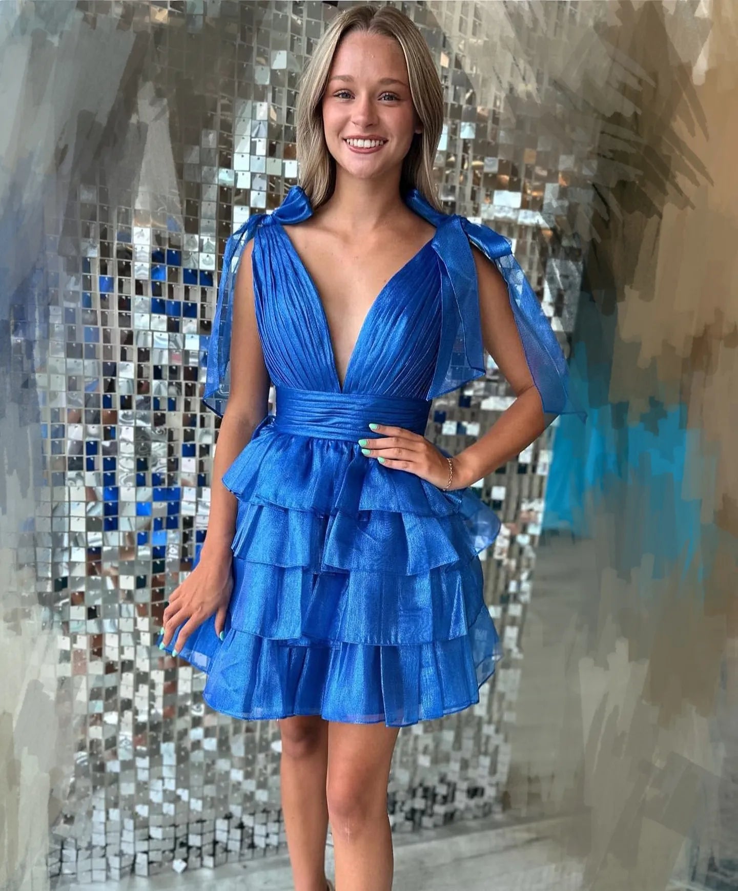 V-Neck Bow Strap Tiered Ruffle Homecoming Dress | Pleated Bodice Short Prom Gown