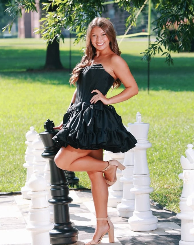 Strapless Corset Bow Homecoming Dress | Rhinestone Trim Ruffle Hem Short Prom Gown