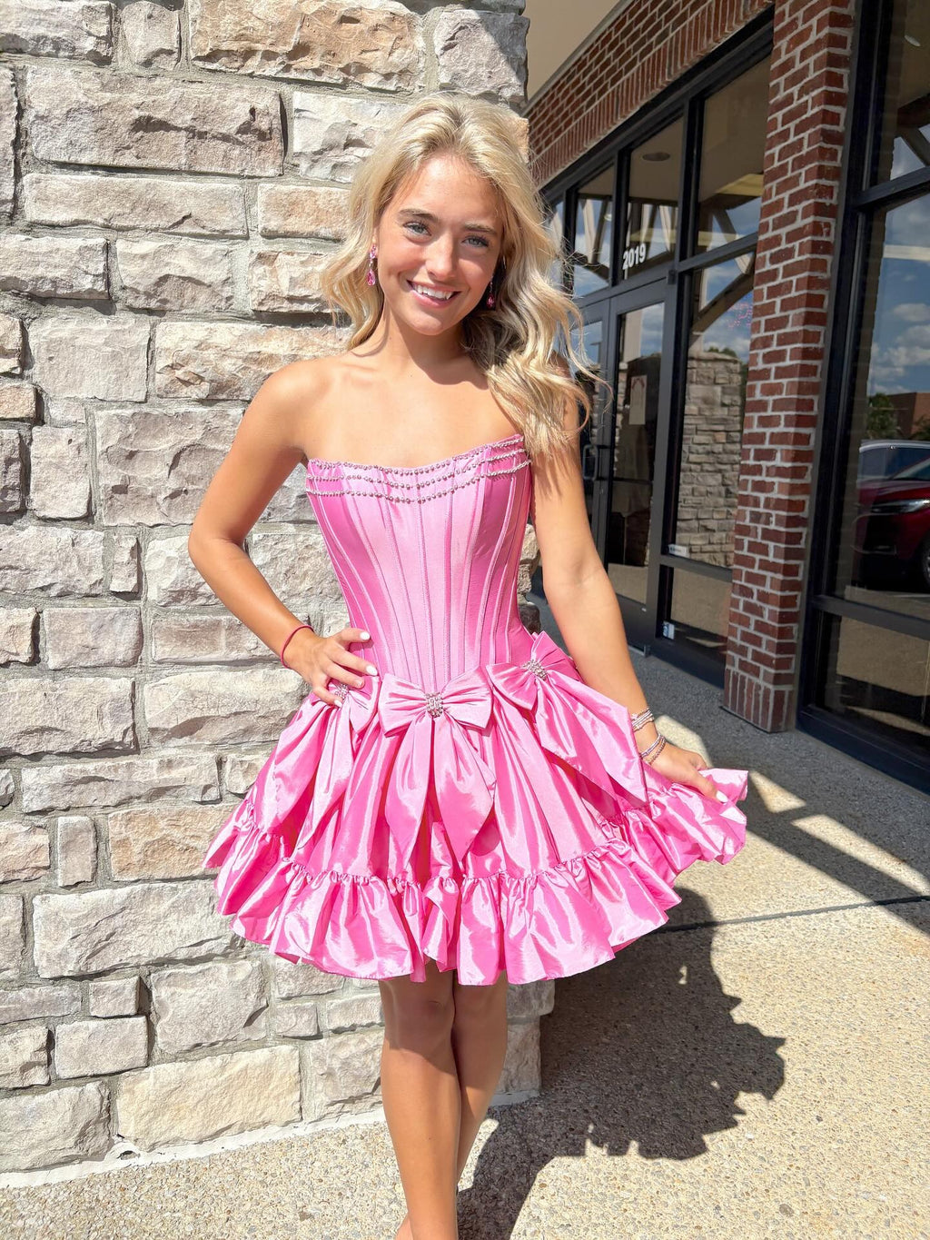 Strapless Corset Bow Homecoming Dress | Rhinestone Trim Ruffle Hem Short Prom Gown
