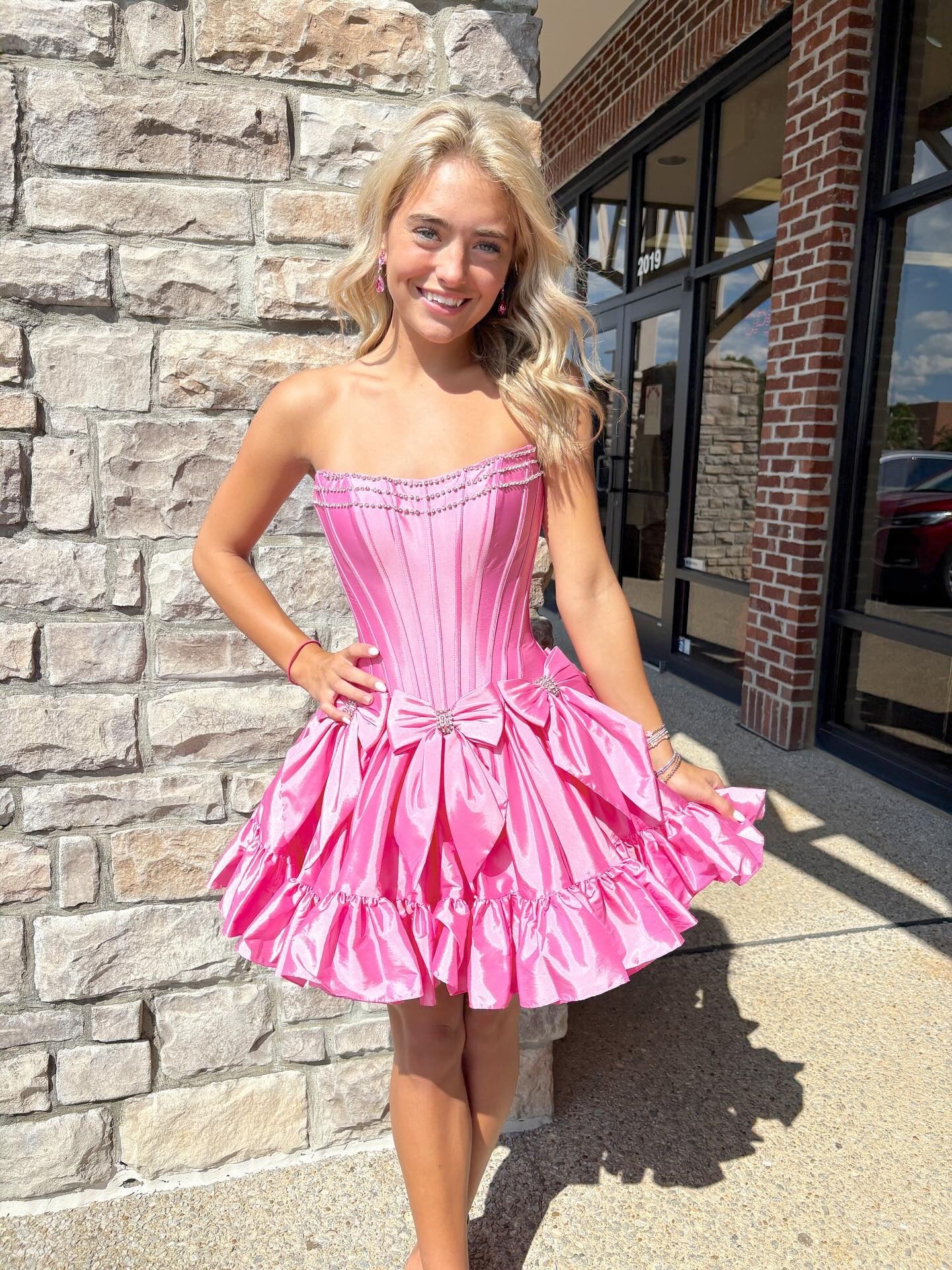 Strapless Corset Bow Homecoming Dress | Rhinestone Trim Ruffle Hem Short Prom Gown