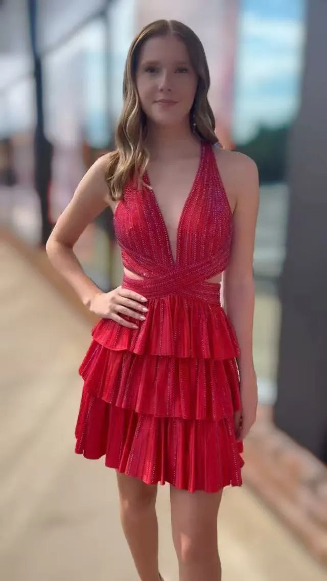 Sparkling Halter Neck Homecoming Dress | Rhinestone-Embellished Tiered Ruffle Skirt Short Prom Gown