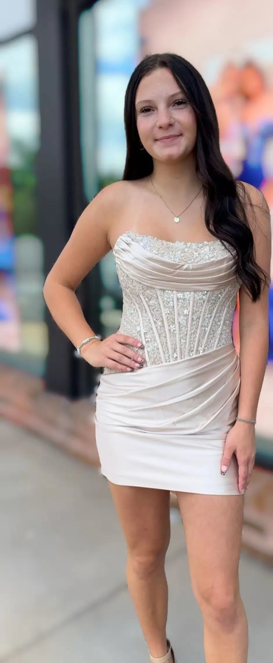 Strapless Rhinestone Corset Homecoming Dress | Satin Ruched Bodycon Short Prom Gown