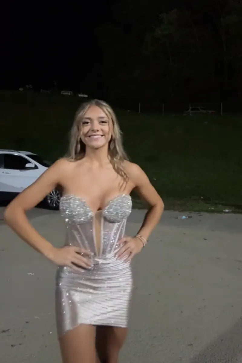 Strapless Crystal Corset Homecoming Dress | Rhinestone Bodycon Short Prom Gown