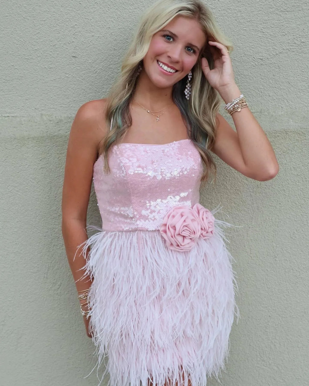 Strapless Sequin Feather Homecoming Dress | 3D Rose Waist Mini Party Gown