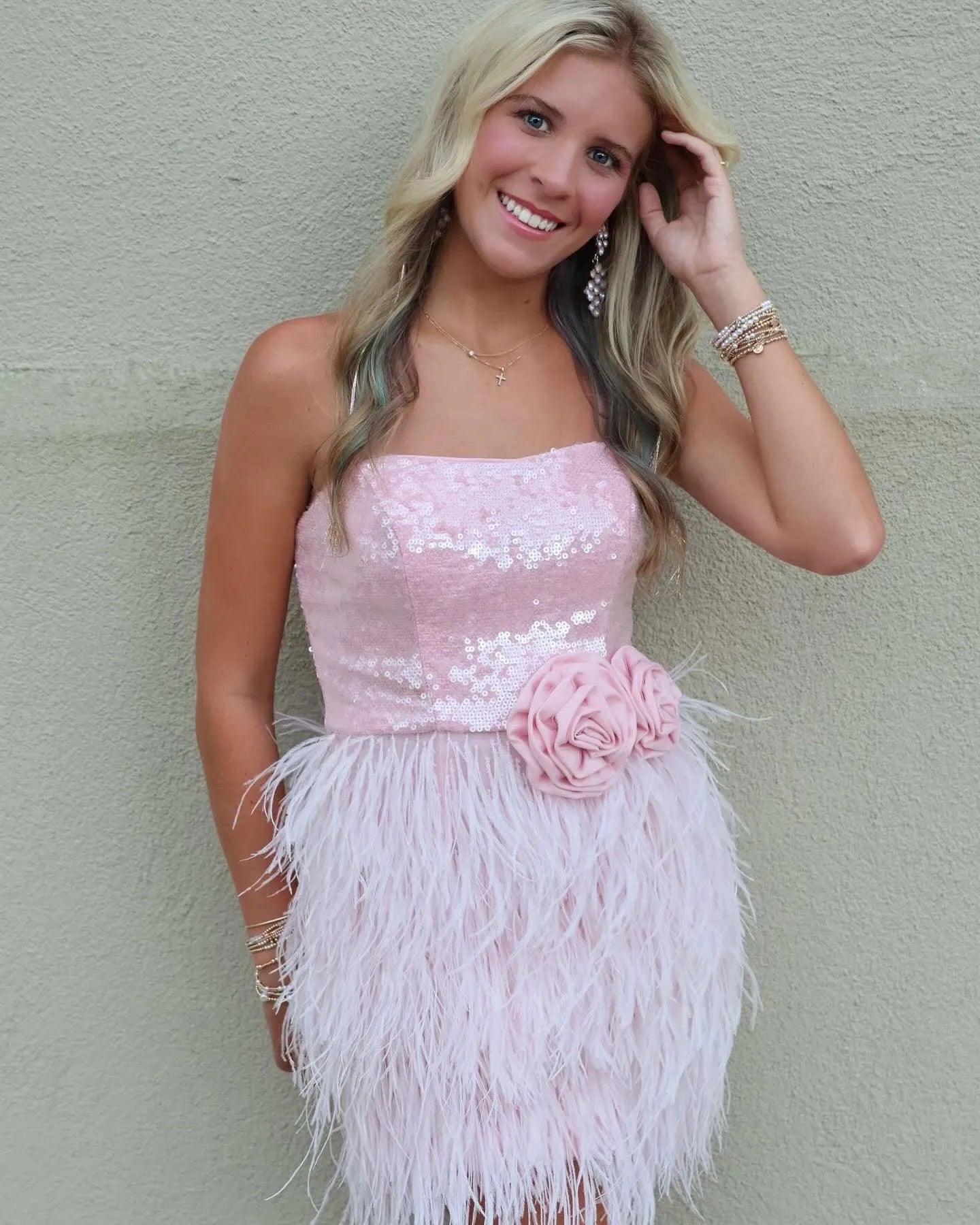 Strapless Sequin Feather Homecoming Dress | 3D Rose Waist Mini Party Gown