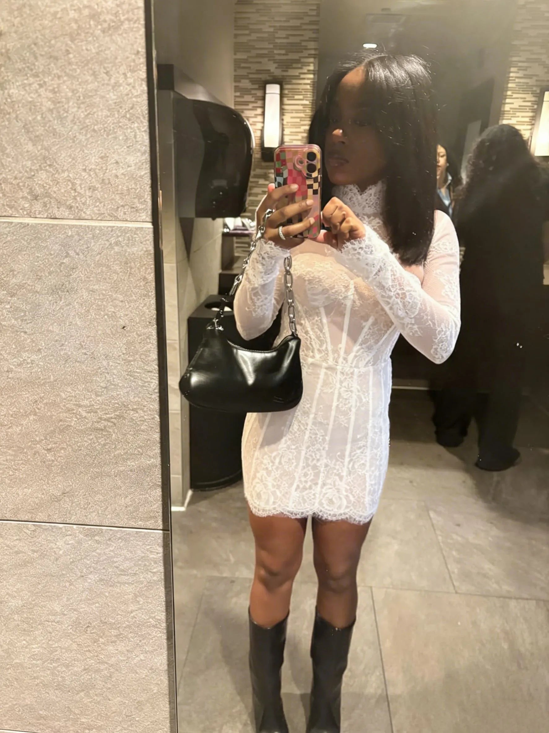 White Lace Long Sleeve Homecoming Dress | High Neck Corset A-Line Short Prom Gown