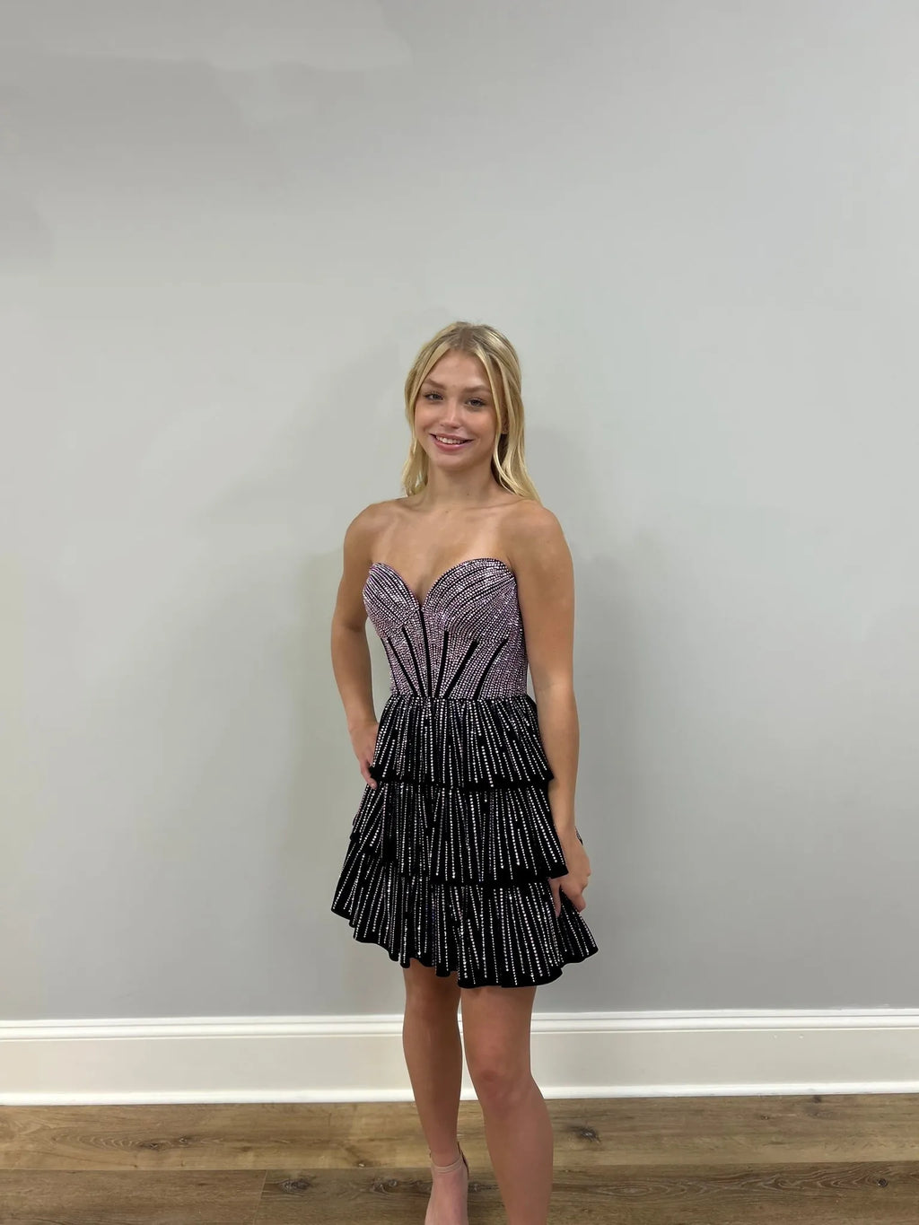 Strapless Sequin Corset Homecoming Dress | Tiered Ruffle Skirt Short Prom Gown