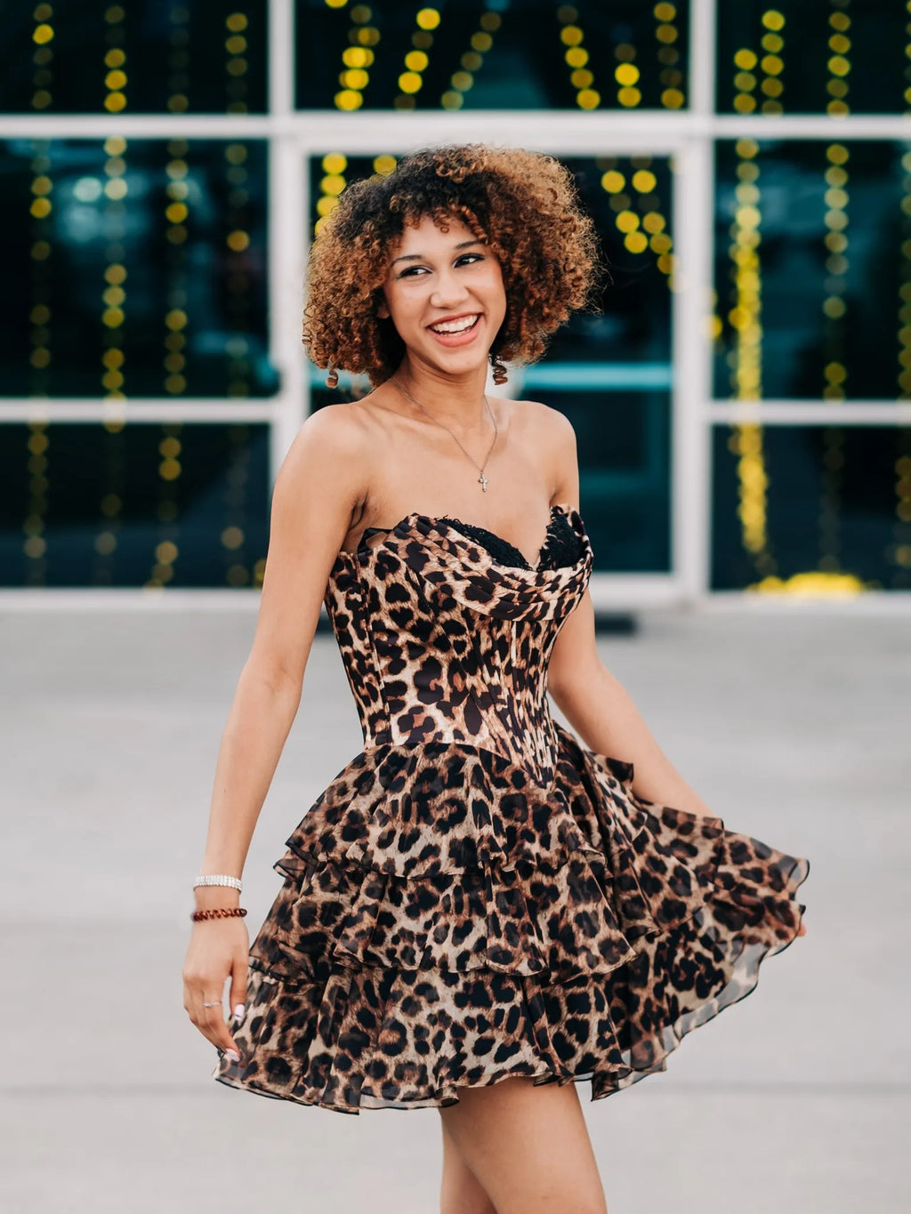 Leopard Print Strapless Corset Homecoming Dress | Lace Trim Tiered Chiffon Short Prom Gown