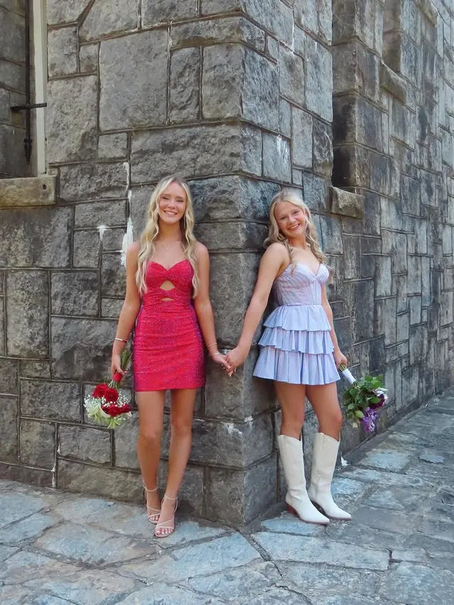 Strapless Sequin Corset Homecoming Dress | Tiered Ruffle Skirt Short Prom Gown