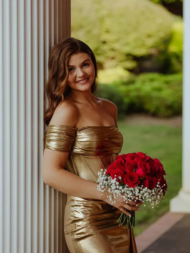 Off-the-Shoulder Metallic Gold Homecoming Dress | Corset Bodice with Detachable Train Mini Party Gown