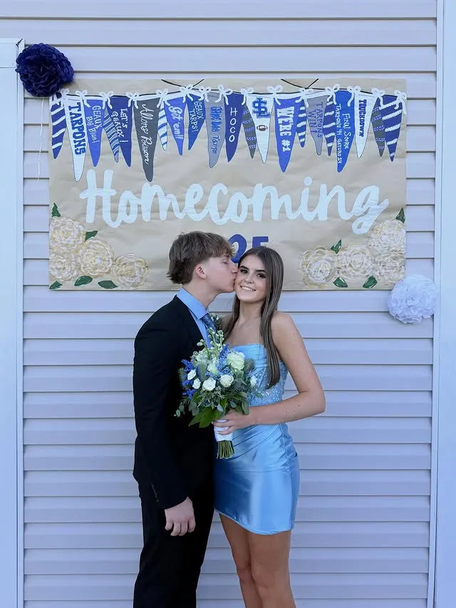 Strapless Rhinestone Corset Homecoming Dress | Satin Ruched Bodycon Short Prom Gown