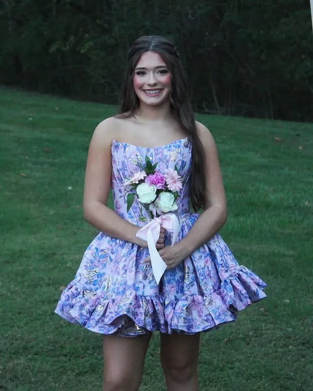 Strapless Jacquard Floral Corset Homecoming Dress | Ruffle Hem A-Line Short Prom Gown