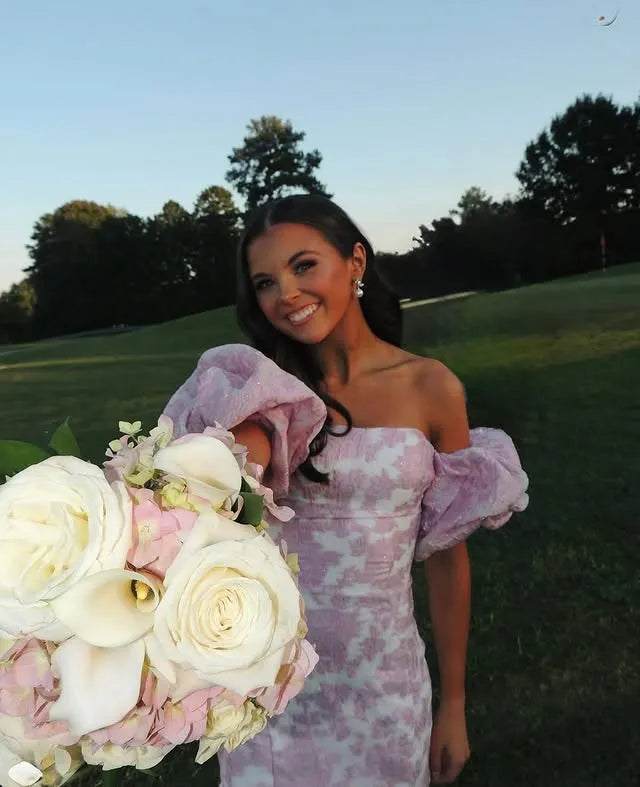 Off-the-Shoulder Puff Sleeve Homecoming Dress | Pink Jacquard Mini Party Gown