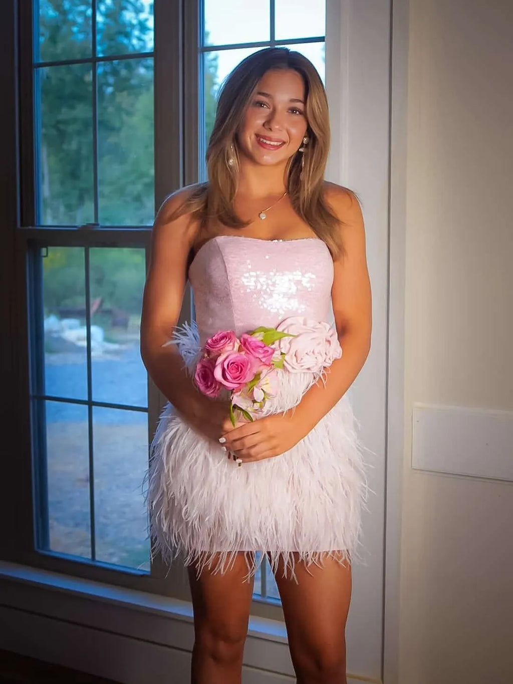 Strapless Sequin Feather Homecoming Dress | 3D Rose Waist Mini Party Gown