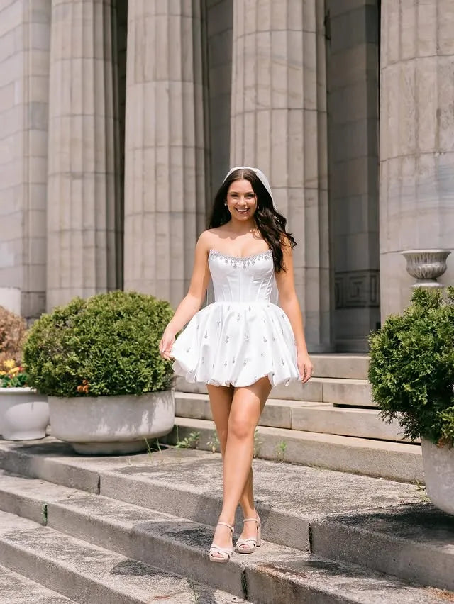 Strapless Crystal-Trimmed Corset Homecoming Dress | Satin A-Line Mini Prom Gown with Rhinestone Skirt