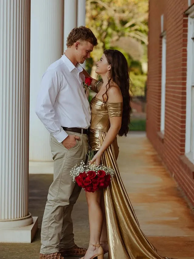 Off-the-Shoulder Metallic Gold Homecoming Dress | Corset Bodice with Detachable Train Mini Party Gown