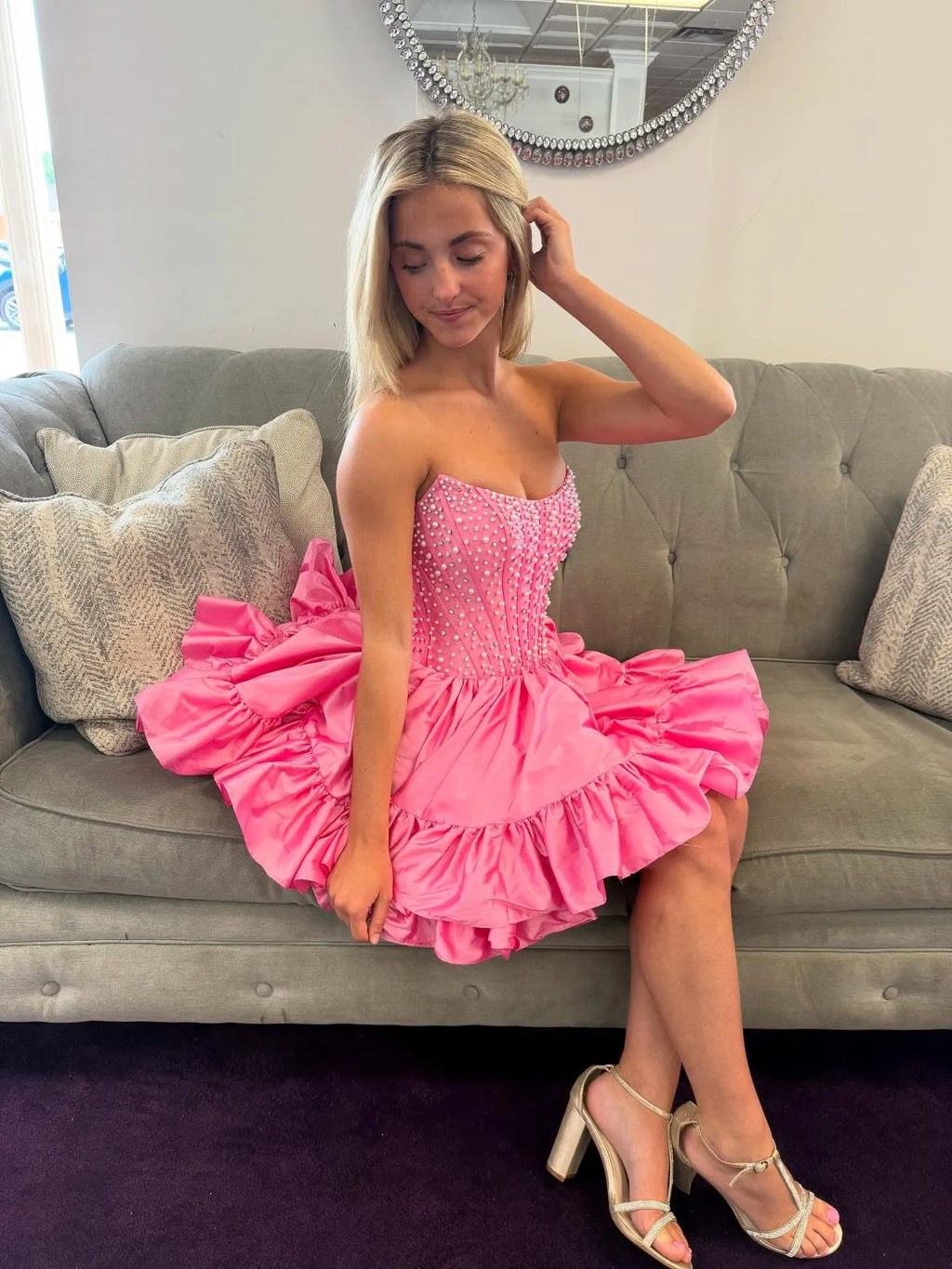 Strapless Pearl Embellished Corset Homecoming Dress | Ruffled Hem A-Line Mini Party Gown