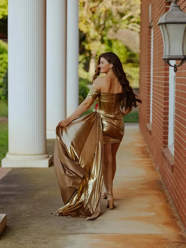 Off-the-Shoulder Metallic Gold Homecoming Dress | Corset Bodice with Detachable Train Mini Party Gown