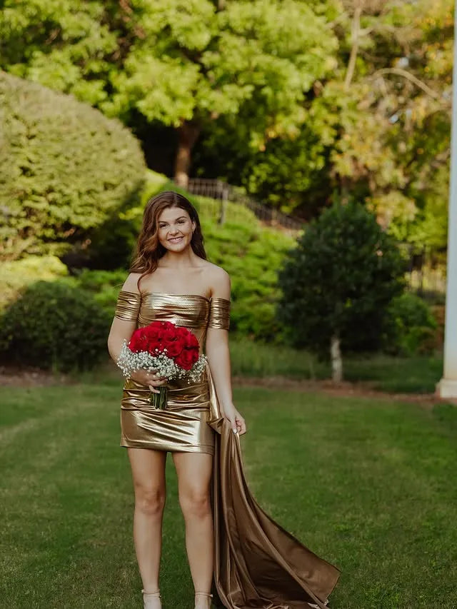 Off-the-Shoulder Metallic Gold Homecoming Dress | Corset Bodice with Detachable Train Mini Party Gown