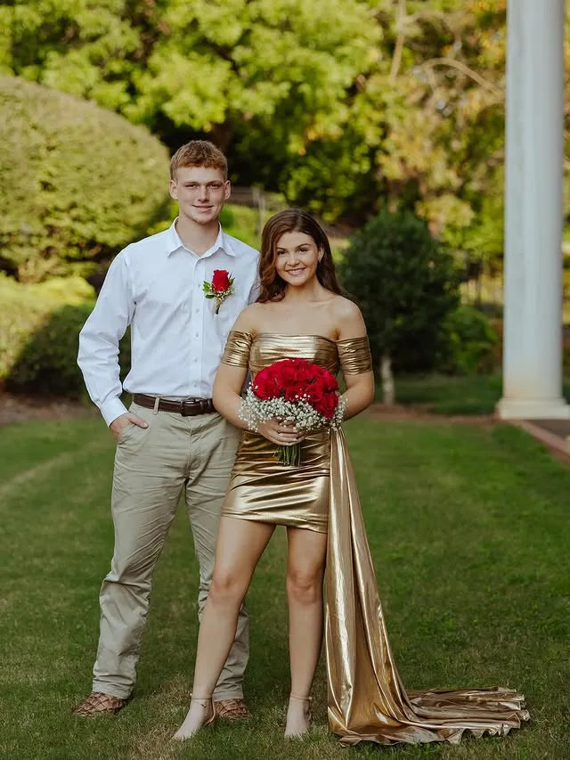 Off-the-Shoulder Metallic Gold Homecoming Dress | Corset Bodice with Detachable Train Mini Party Gown
