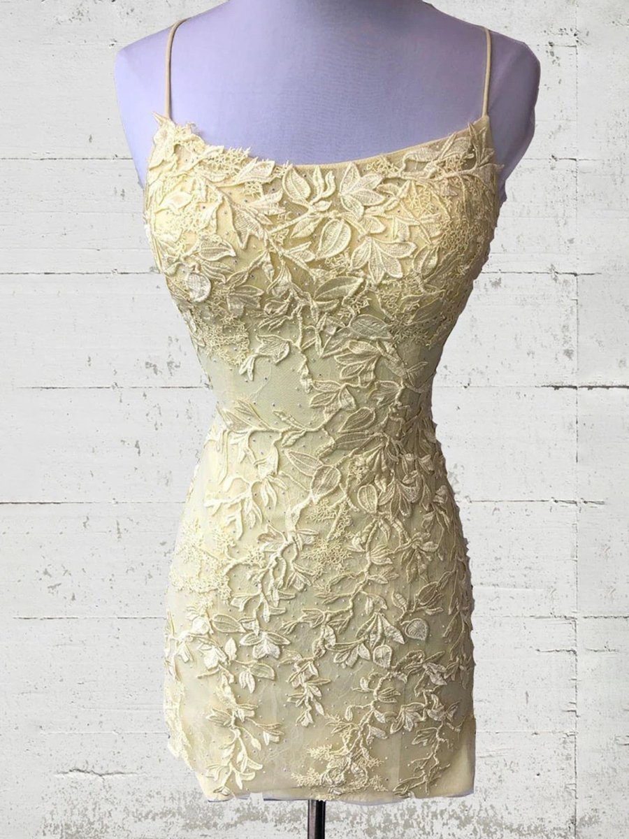 Lace Bodycon Mini Dress | Spaghetti Strap Crisscross Back Homecoming Gown